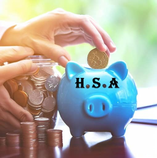 a hand putting coins in a piggy bank with HSA in text representing your IT Job with American Computer Services, Inc. offers HSA Benefits.