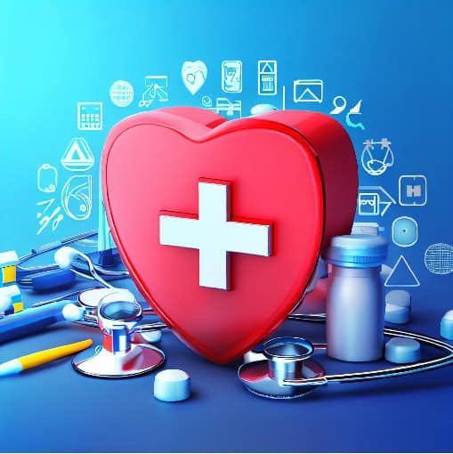 a red heart surrounded with small medical images representing your IT Job with American Computer Services, Inc. offers Medical Benefits.