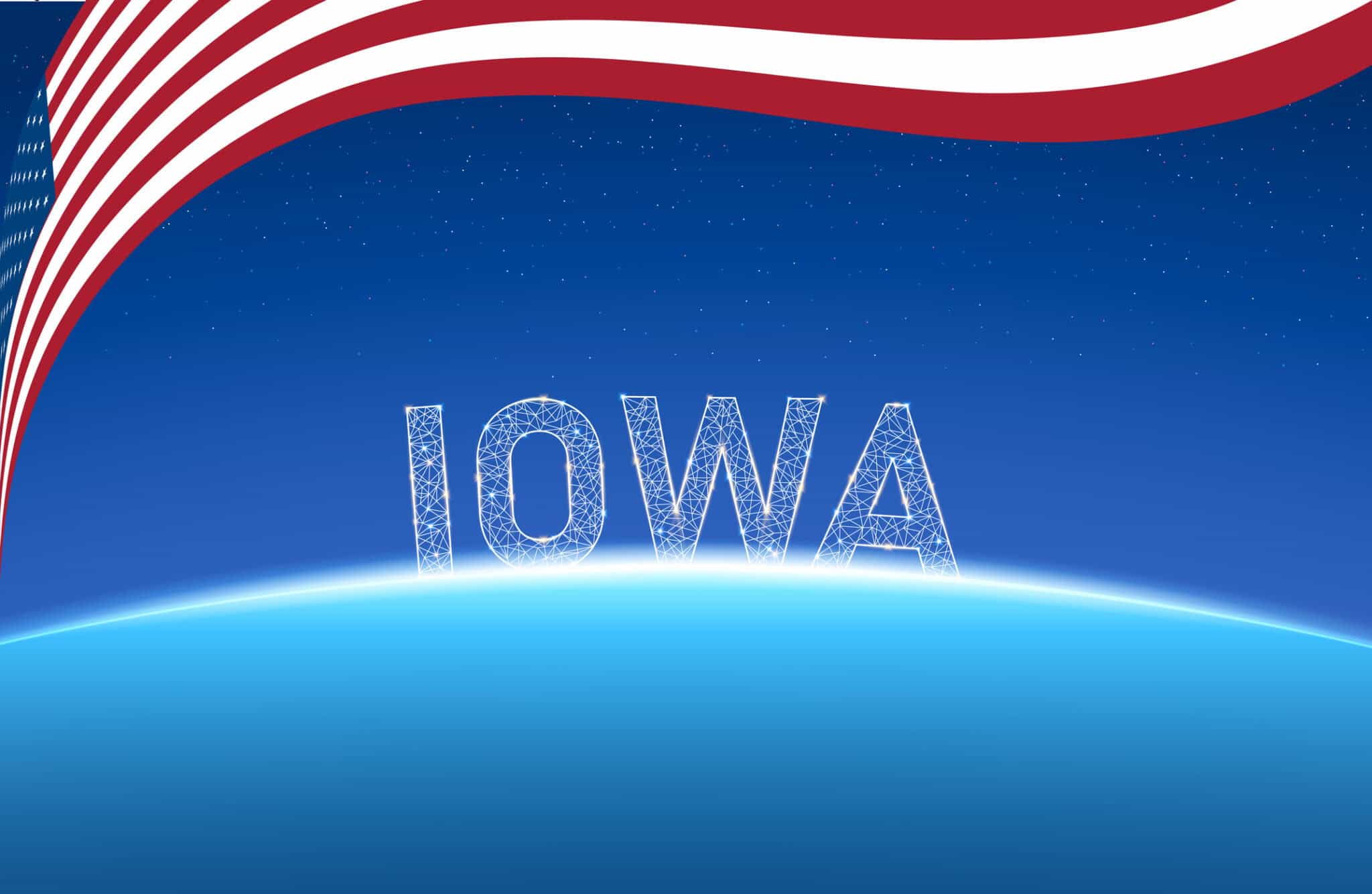 Iowa with blue background and the American Flage across the top of the image